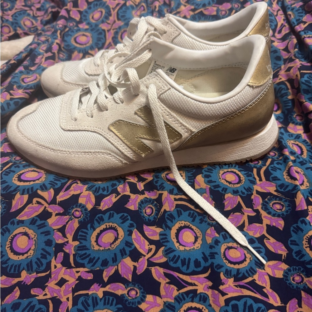 New Balance Cream and Gold Retro Sneakers